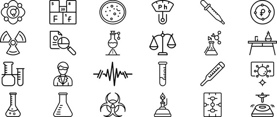 Laboratory and Science Line Icons. Chemistry, Research, Lab Tools & Medical Equipment   © SUNIA