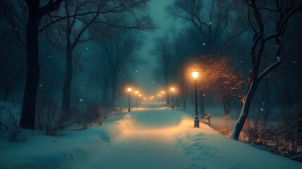 Snow-covered pathway illuminated by glowing street lamps in a quiet, misty winter night park lined with bare trees and empty benches
