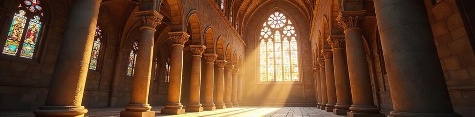 Fototapeta premium Ancient Christian basilica, sunlight streaming through stained glass windows illuminating the stone architecture Inspiring spiritual serenity and historical significance , basilica, building