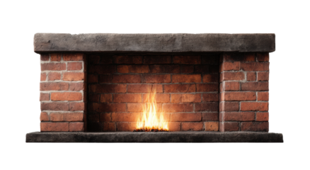 Cozy brick fireplace with glowing flames in rustic setting, cut out