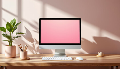 Modern computer desk setup with sleek desktop monitor, keyboard, mouse, and decorative plants creating clean workspace environment. Bright natural light casts shadows wall, enhancing calm