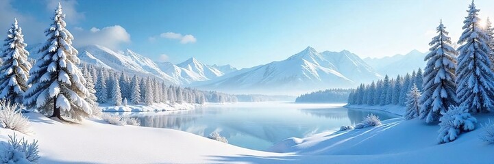 Obraz premium Serene winter scene featuring snow-covered trees, a frozen lake, and a distant mountain range under a clear blue sky Perfect for winter wonderland, nature, and holiday themes , ice, beautiful, nature