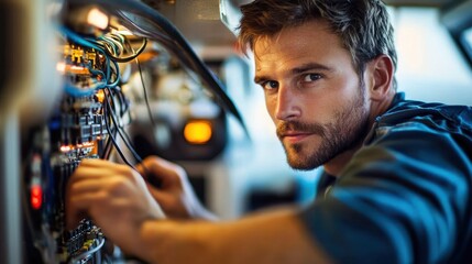 Focused young man working on complex electronic wiring inside a control panel with intense expression