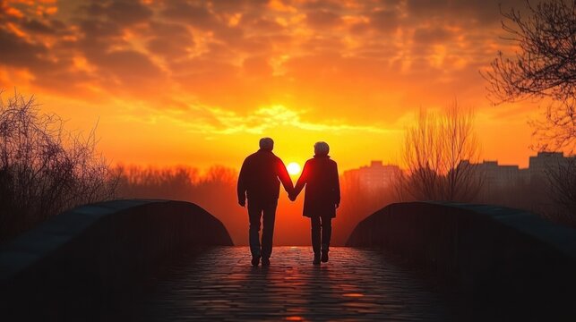 Silhouetted couple holding hands walking on a bridge during a vibrant orange sunset with trees and distant buildings in the background