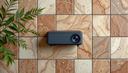 Modern projector mounted on wall with marble tiles and green plant in corner, creating stylish and contemporary setting for presentations or entertainment