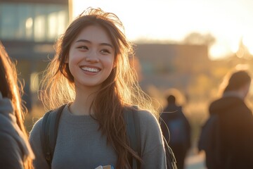 Smiling young female student with backpack standing outdoors on campus during golden hour. Education, optimism, and youth lifestyle in warm autumn sunset light concept.