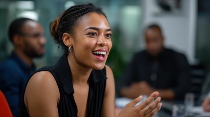Engaged Woman Smiling During Business Meeting in Modern Office Setting with Colleagues in Background