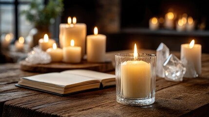 Law of attraction with goal and visualization for success concept. A serene setting with lit candles, a book, and natural ambiance.