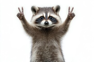 Obraz premium cute raccoon standing upright with arms raised showing peace signs with both hands on white background