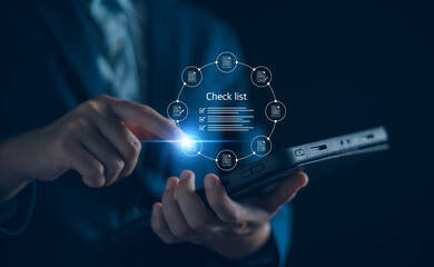 Checklist business performance monitoring concept, Businessman doing online survey filling out check digital form task, online survey question form, target marketing planning with quality control.