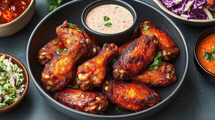 Plate of crispy glazed chicken wings with creamy dipping sauce garnished with fresh herbs surrounded by bowls of coleslaw and additional sauces