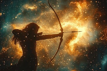 Silhouette of archer drawing a bow with arrow against a vibrant cosmic background filled with glowing stars and nebula clouds evoking fantasy and determination