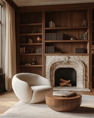 Fototapeta premium Cozy and elegant living room with a modern curvy beige armchair, round wooden coffee table with cushions, marble fireplace, and dark wood built-in shelves filled with books and decor