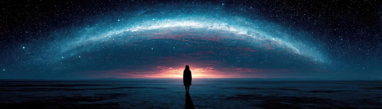 Law of attraction with goal and visualization for success concept. A silhouette under a vast galaxy, evoking wonder and solitude.