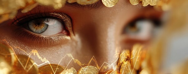 Abundance mindset for prosperity with belief and motivation concept. Close-up of a woman's eye adorned with golden coins and symbols.