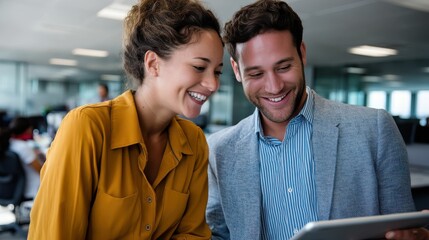 Smiling professionals collaborating and discussing ideas while looking at a tablet in a modern office setting