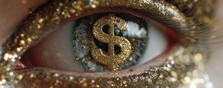 Abundance mindset for prosperity with belief and motivation concept. Glistening eye adorned with a golden dollar sign symbolizing wealth.