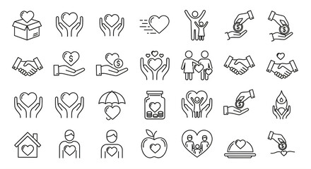 Charity & Donation Line Icons Symbols of Compassion and Support
