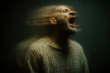 Dramatic portrayal of mental health crisis in adult man screaming in anguish with motion blur effect conveying emotional turmoil and psychological struggle. Despair and anxiety concept.