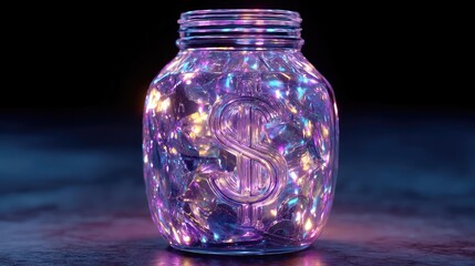 Abundance mindset for prosperity with belief and motivation concept. A money jar illuminated with colorful lights to symbolize savings.