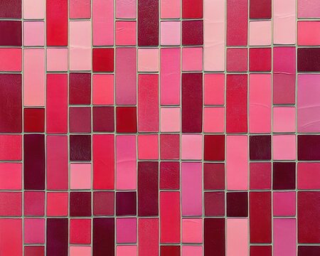 close-up of a vibrant mosaic wall made of rectangular tiles in varying shades of red, pink, and maroon arranged in a grid pattern