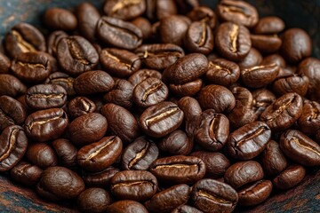 Fototapeta premium Close-up view of glossy roasted coffee beans piled together showing rich brown color and textured surface