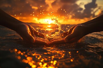 Hands splashing sea water at sunset