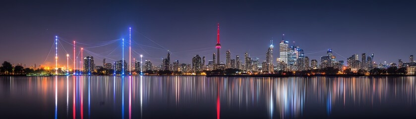 City skyline at night reflected in the water.