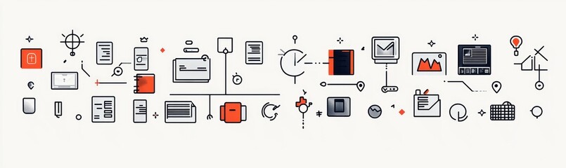 Abstract arrangement of various minimalistic icons representing technology, documents, analytics, communication, and ideas in a clean, linear layout with black and red accents