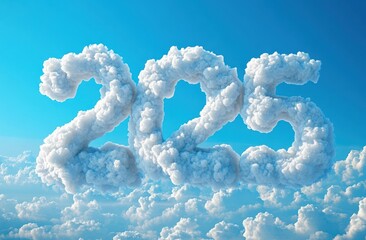 Clouds shaped into the numbers two zero two five floating in a bright blue sky above a dense cloud layer, evoking a futuristic and hopeful atmosphere