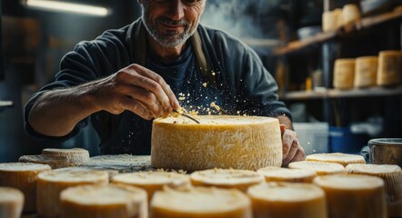 Man carefully cutting and crafting wheels of cheese in a rustic workshop filled with multiple cheese rounds