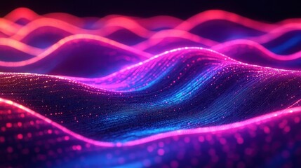 Abstract digital waves glowing with vibrant neon pink, purple, and blue lights creating a dynamic flowing effect in a dark background