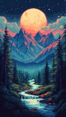 Pixel art landscape with a glowing full moon above jagged mountains, a flowing river through a dense pine forest, under a starry night sky with vibrant colors