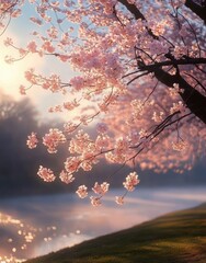 Delicate pink cherry blossom branches illuminated by soft sunlight over a serene river with a grassy bank under a pastel sky