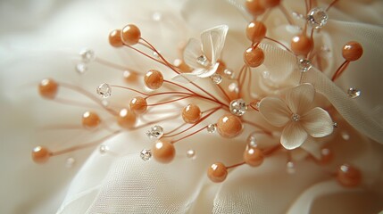 Obraz premium Delicate peach floral embellishments on sheer white fabric
