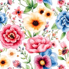 Floral pattern with watercolor style, featuring vibrant pink, yellow, and blue flowers on white background