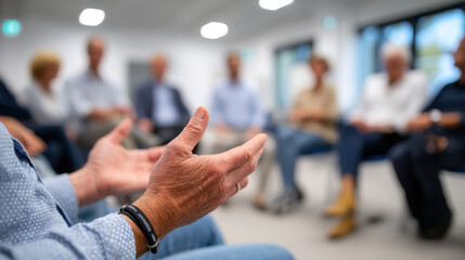 Person giving presentation or speaking to group of people modern conference room with large windows and natural light, showing engagement and communication, with focus hand gestures and blurred