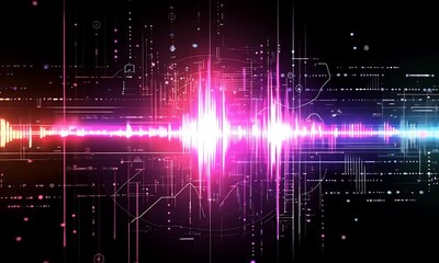 An abstract digital sound wave in vibrant neon hues pulses across a black background, with geometric lines and dots, creating a futuristic and tech-inspired visual - Powered by Adobe