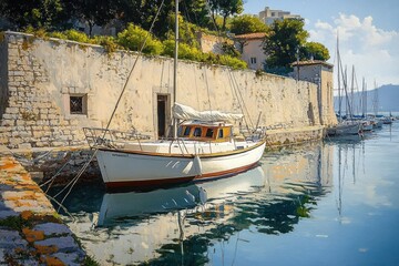 Quiet marina with a white sailboat moored alongside an old stone wall, reflecting calm water under a sunny blue sky with scattered clouds