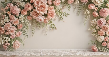 Pastel vintage floral artificial flower wall backdrop with lace details , still life, artificial flower arrangement, photo