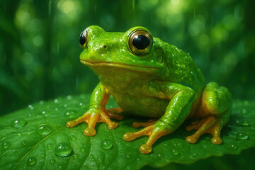 Naklejka premium Colorful tropical frog on a leaf with raindrops, photorealistic digital painting with vibrant saturated colors and fine detail