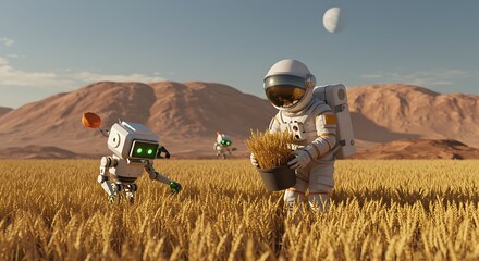 Obraz premium Astronaut Harvesting Wheat with Robots in Alien Field