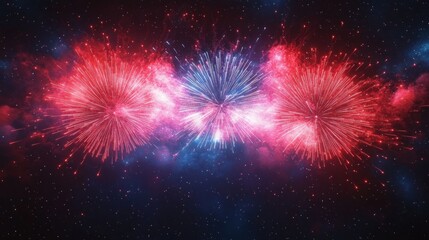Three large colorful fireworks exploding in the night sky with red and blue sparks creating a festive and celebratory atmosphere