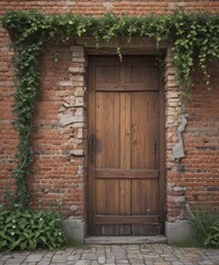 Rustic brick wall, weathered door, lush vines  Vintage scene , antique, outdoor, nature