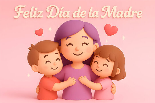Cute 3D character of a mom receiving a hug from her children, pink and lavender tones, subtle sparkles, floating hearts. Feliz D&iacute;a de la Madre illustration.