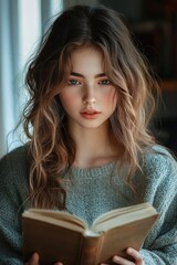 Young woman with wavy brown hair and blue eyes reading a book indoors with a contemplative and calm expression