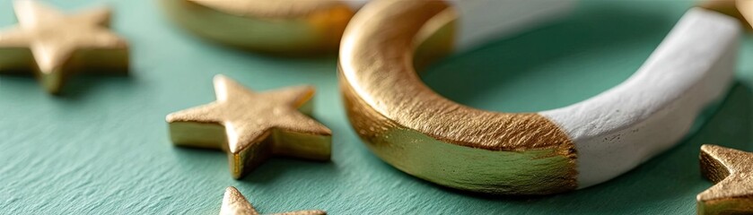 Law of attraction with goal and visualization for success concept. Close-up view of a decorative golden horseshoe and stars.