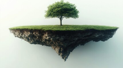 A lone tree stands on a floating island of grass and soil suspended in a misty, ethereal atmosphere conveying solitude and tranquility