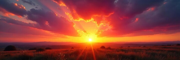 Golden hour sun rays paint the sky with vibrant oranges, reds, and purples as the sun dips below the horizon A breathtaking display of natural light and color , heat, peaceful, sky