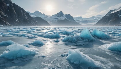 Glacier blue ice, frozen sea waves, frosted details,  glacier blue,  winter scene